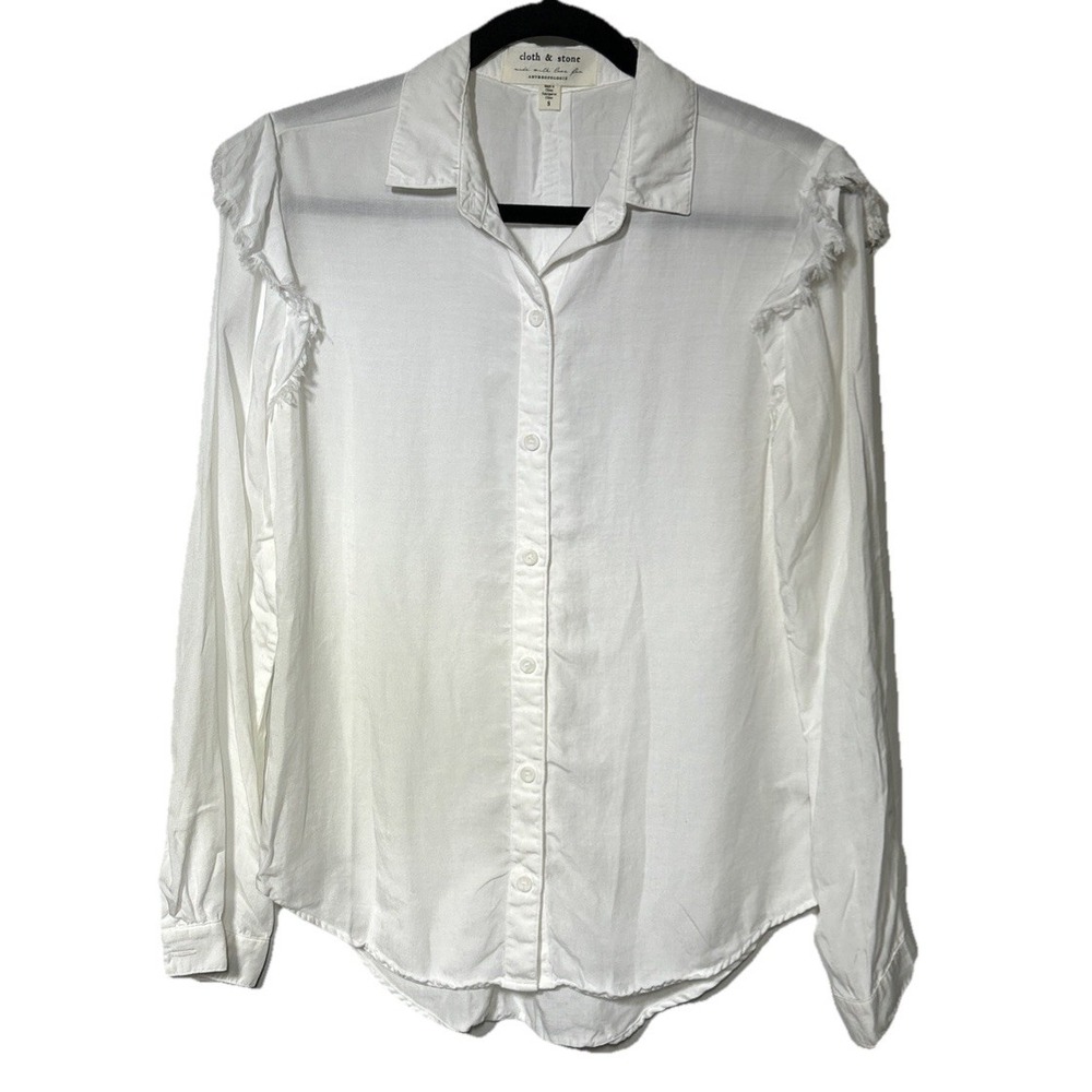 Anthropologie Cloth & Stone Frayed Ruffle Shoulder Button Down Blouse White Sz S